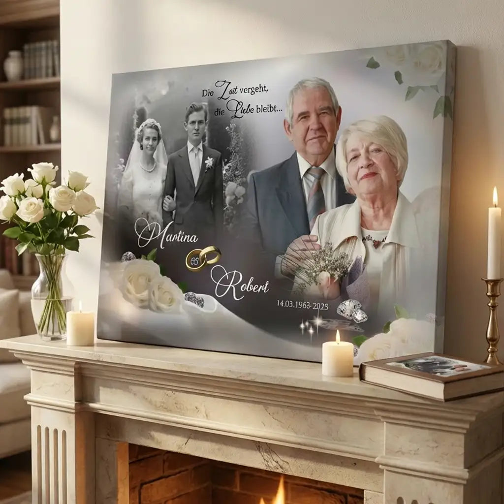 Mockup zur eisernen Hochzeit mit Leinwand, die an einem Kamin lehnt