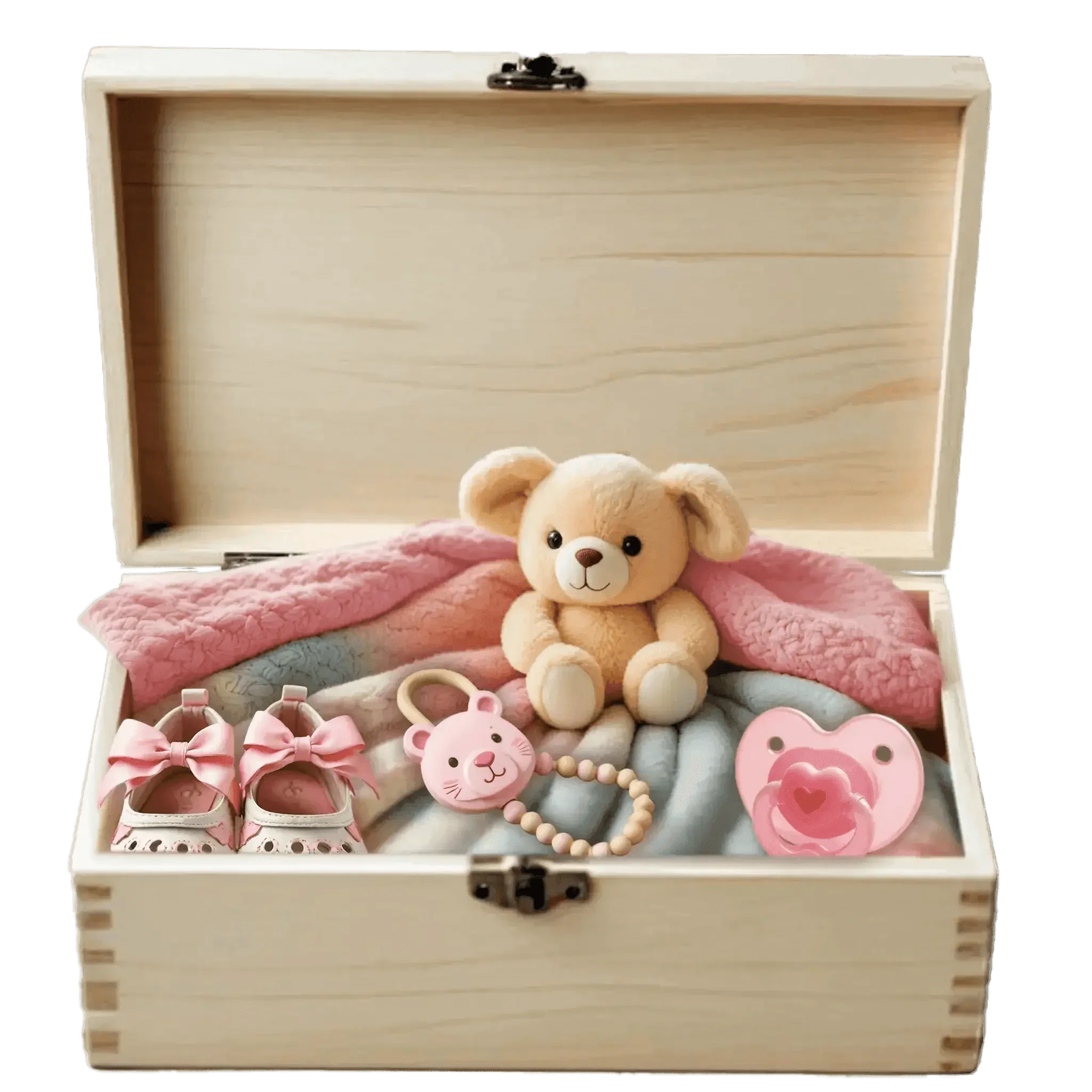 Offene Holzbox mit rosa Babydecke, Kuscheltier, Babyschuhen und Schnuller