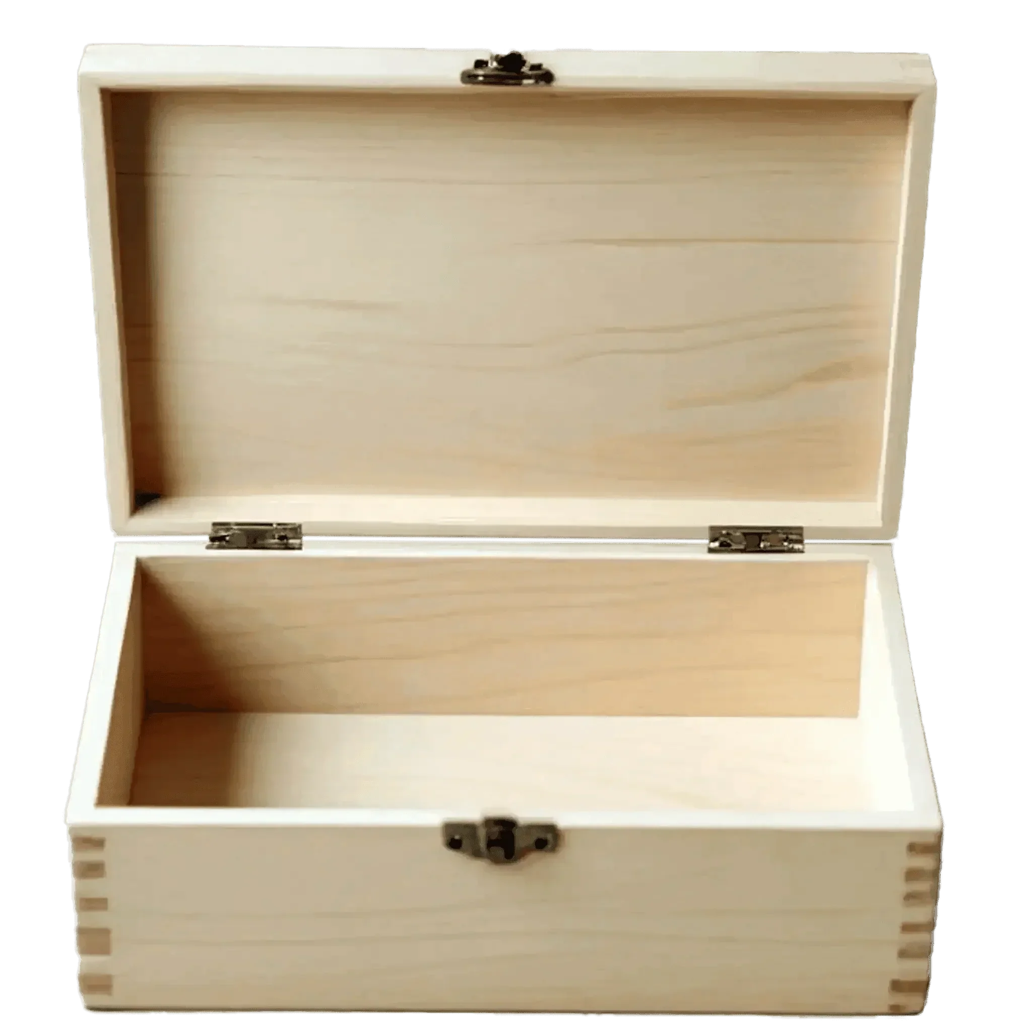 Offene Holzbox mit Scharnieren, helle Holzkiste zur Aufbewahrung