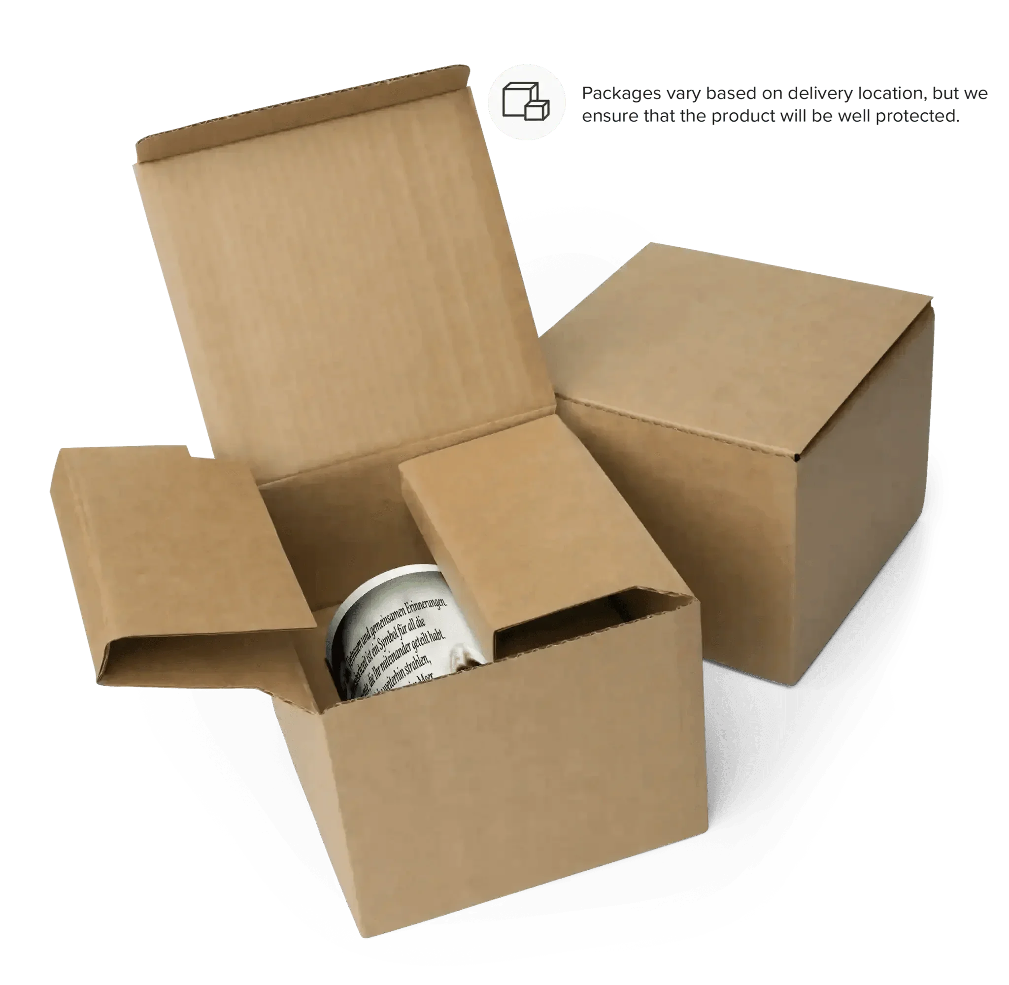 Weiße Tasse mit Schrift zur Perlenhochzeit in offener Versandkarton-Verpackung