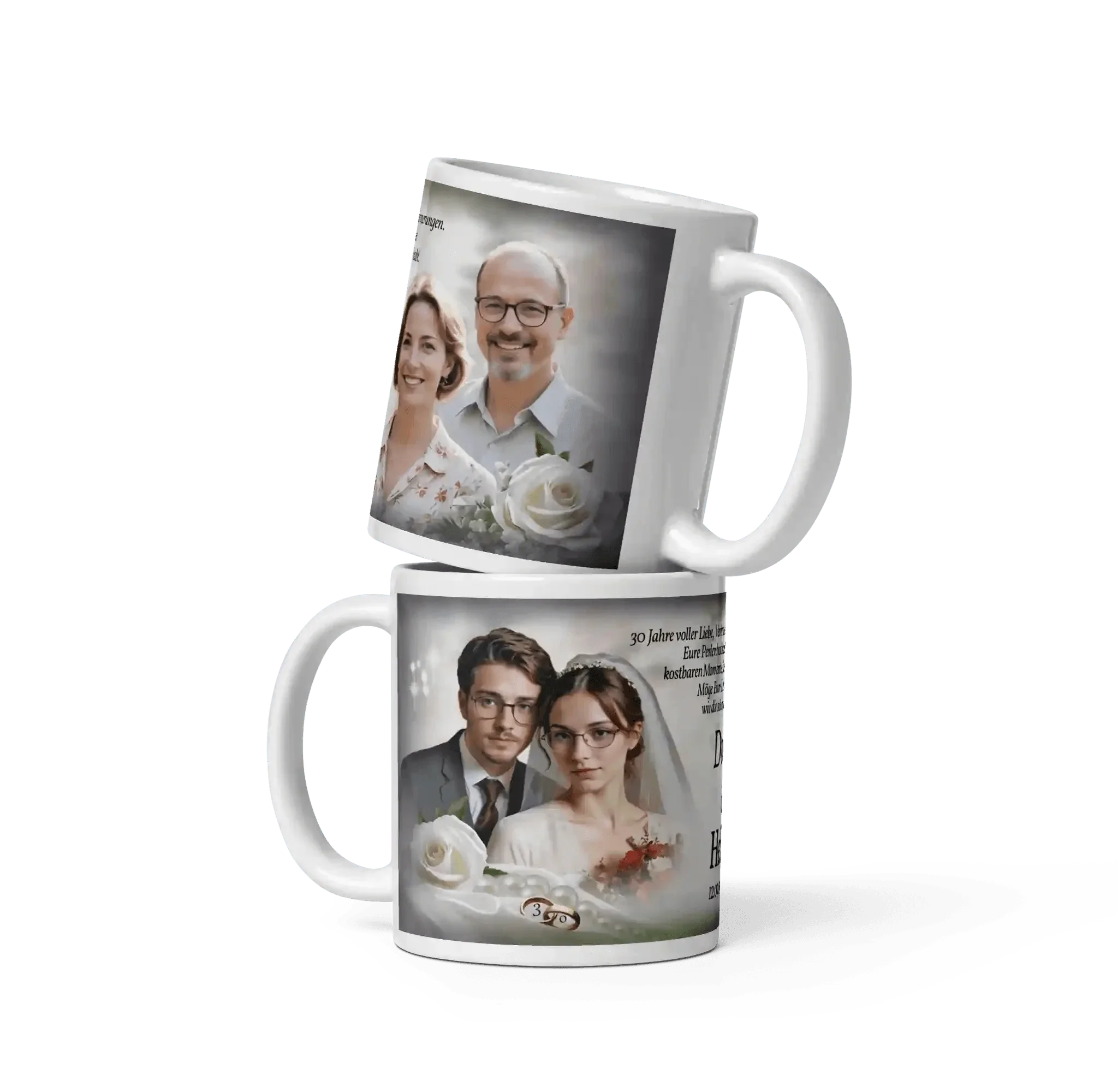 Zwei weiße Tassen mit Hochzeitsfoto, Paarportraits und weißen Rosen, Perlenhochzeit Geschenk
