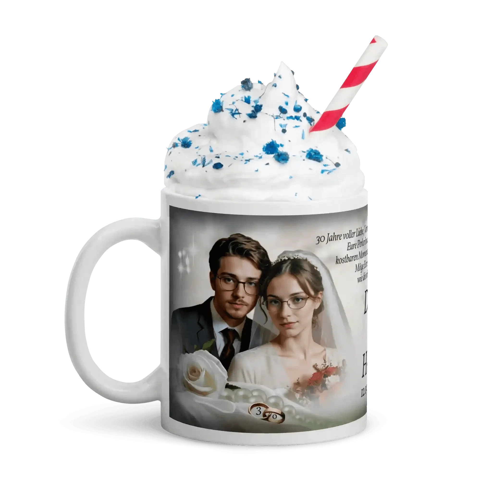 Personalisierte Tasse Perlenhochzeit mit Hochzeitsfoto, Sahnehaube, blauen Streuseln und Strohhalm