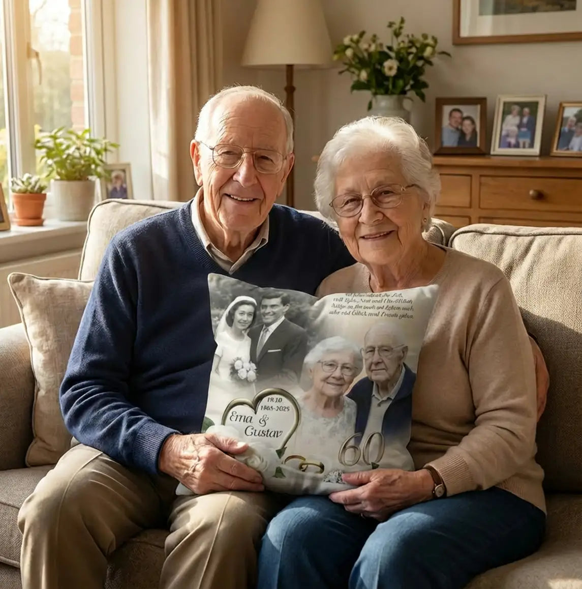 Mockup zur Diamanthochzeit- altes Ehepaar sitze auf der Couch und hält eine Fotokissen in den Händen
