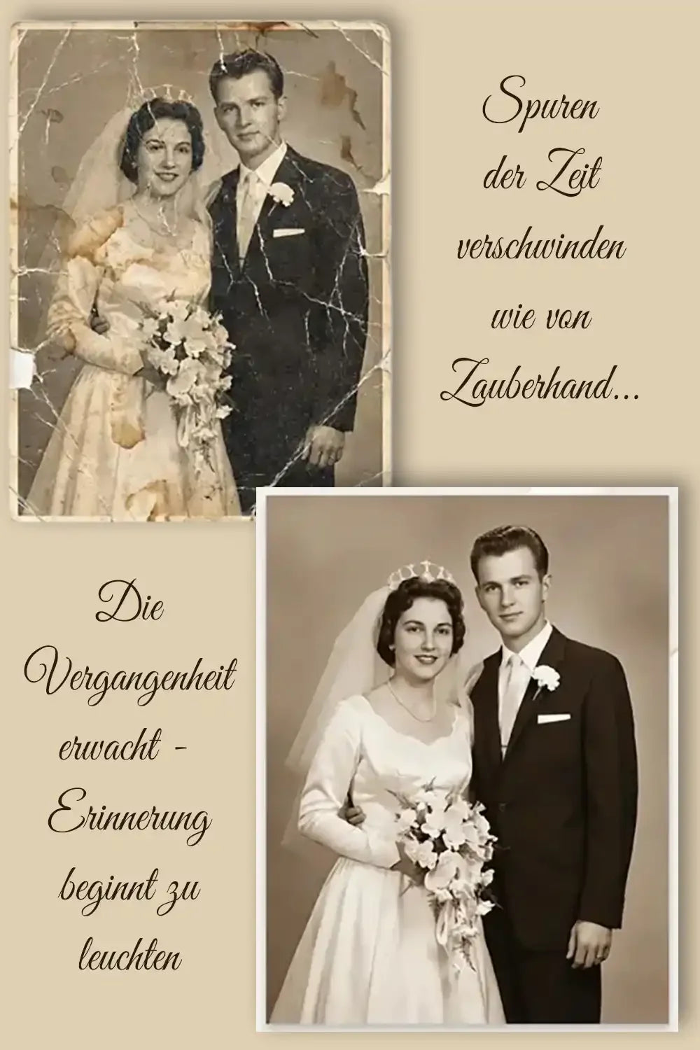 Bildbearbeitung: Vorher-Nachher von einem restaurierten Hochzeitsfoto, das Erinnerungen lebendig werden lässt.