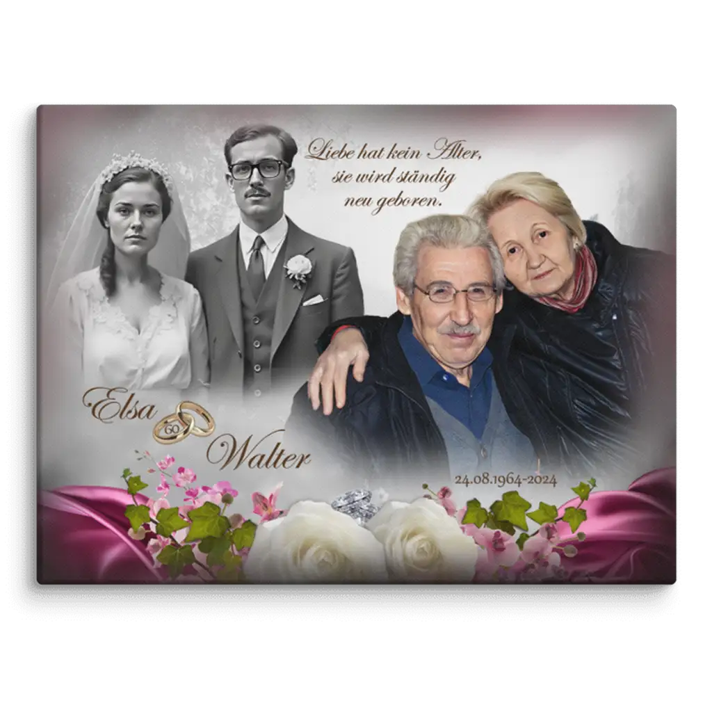 Leinwanddruck zur Diamanthochzeit mit Hochzeitsfoto und romantischem Spruch
