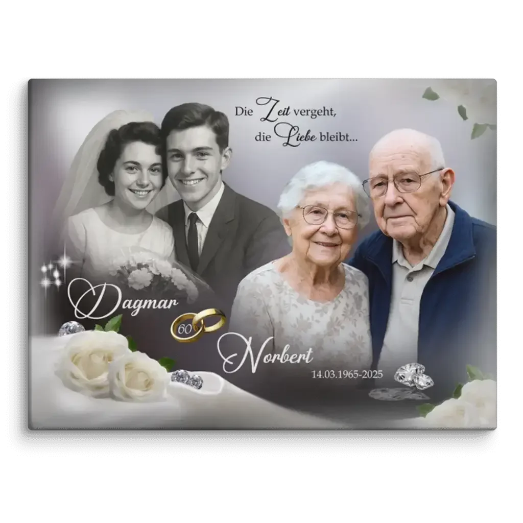 Personalisierte Leinwand zum 60. Hochzeitstag mit Paarfotos, Ringen und Rosen, Jubiläumsgeschenk