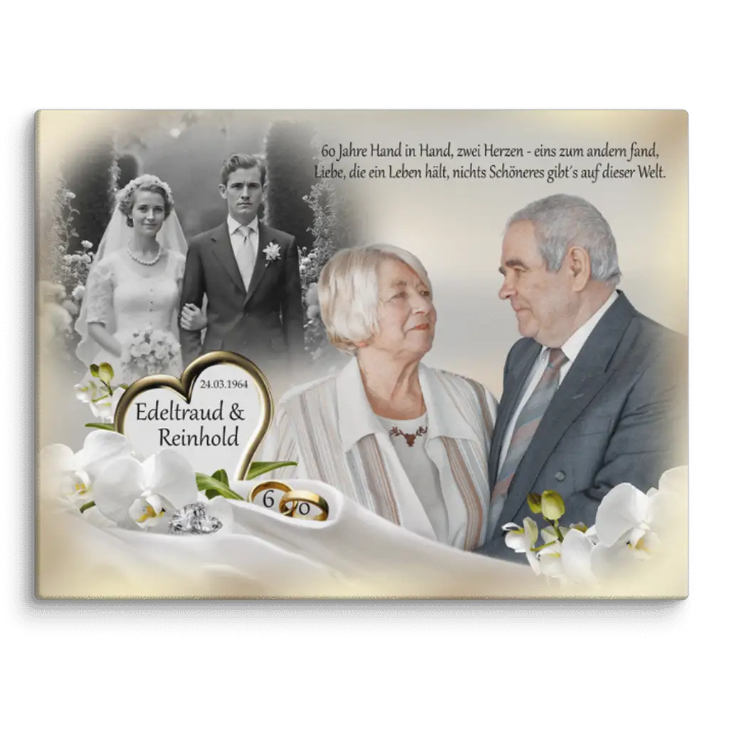 Jubiläumsleinwand mit Bild des Ehepaares und emotionalem Text zum 60. Hochzeitstag