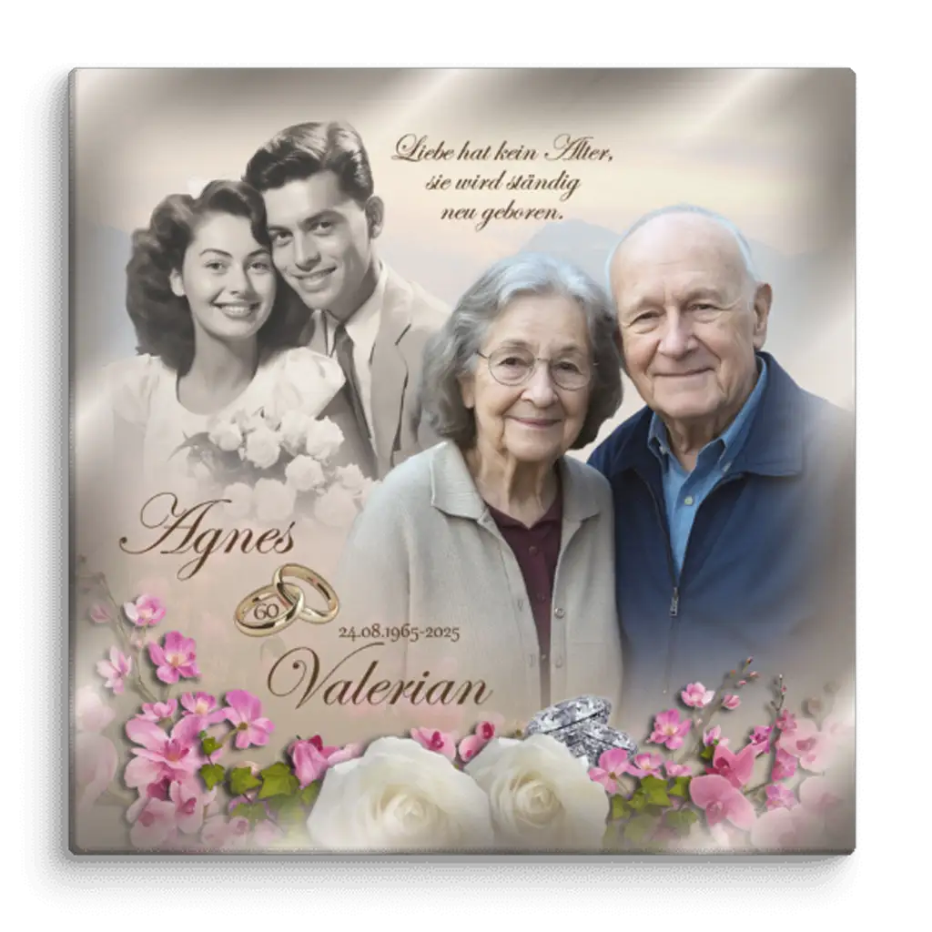 Leinwand mit emotionalem Spruch und Portraitfoto – Symbol für 60 Jahre Verbundenheit
