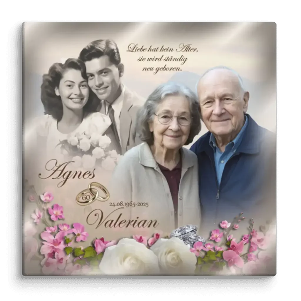 Personalisierte Goldene Hochzeit Collage mit älterem Paar, Hochzeitsfoto, Blumen und Ringen.