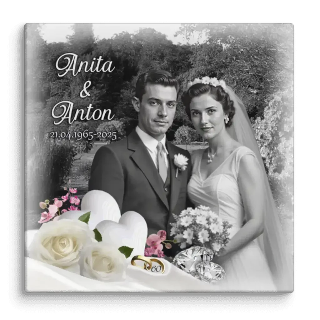 Schwarz-weiß Foto Brautpaar, Rosen, Eheringe, Diamanten, Schriftzug Anita & Anton, Jubiläum