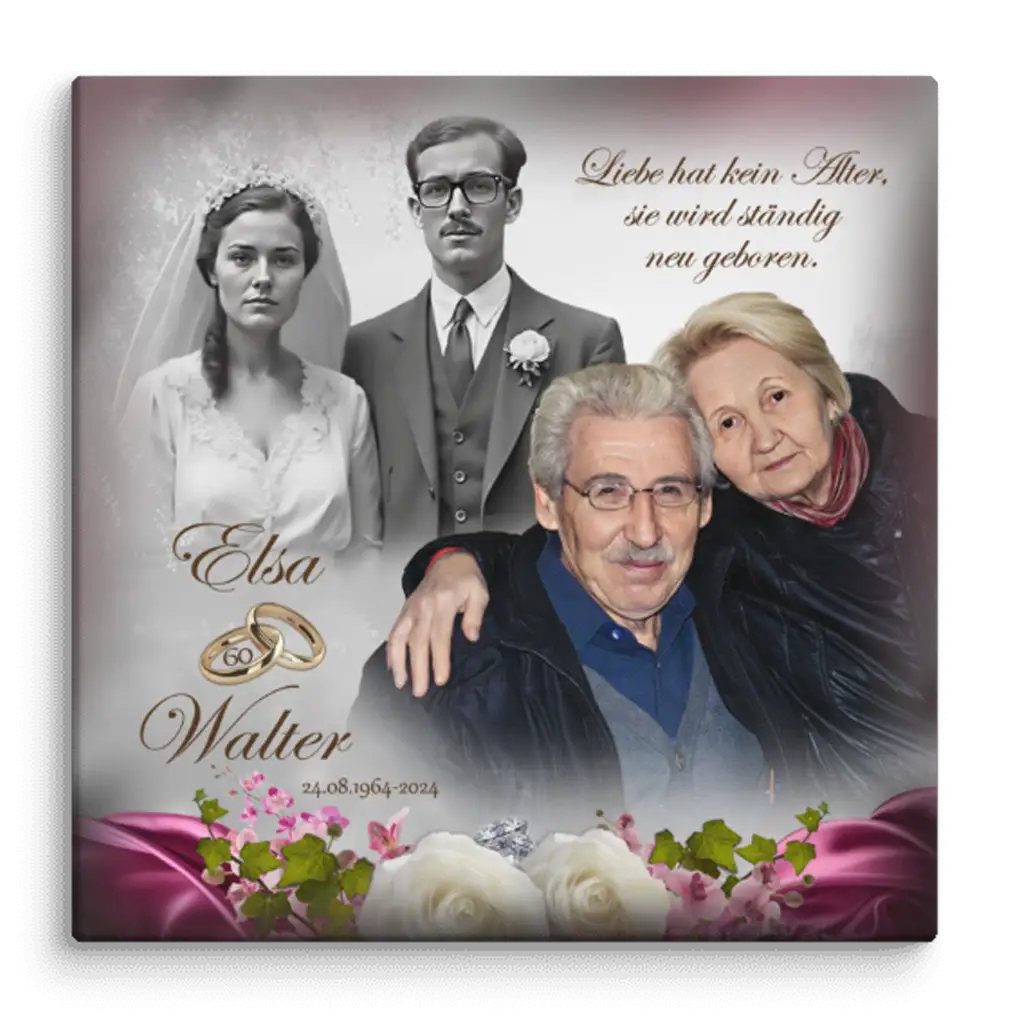 Erinnerungsgeschenk zum 60. Hochzeitstag – Leinwand mit Text und Bild des Jubelpaares
