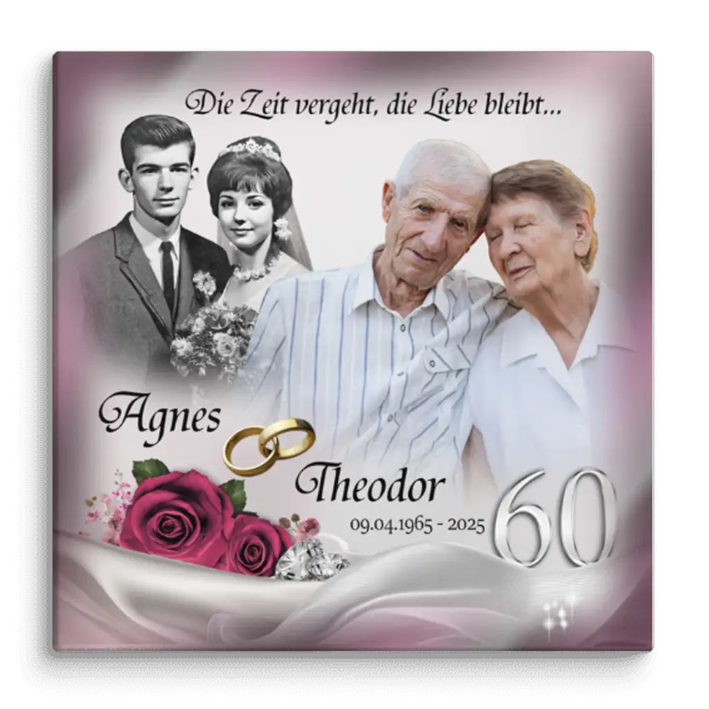 Personalisiertes Leinwandbild zur Diamanthochzeit mit Foto, Namen und Rosenmotiv