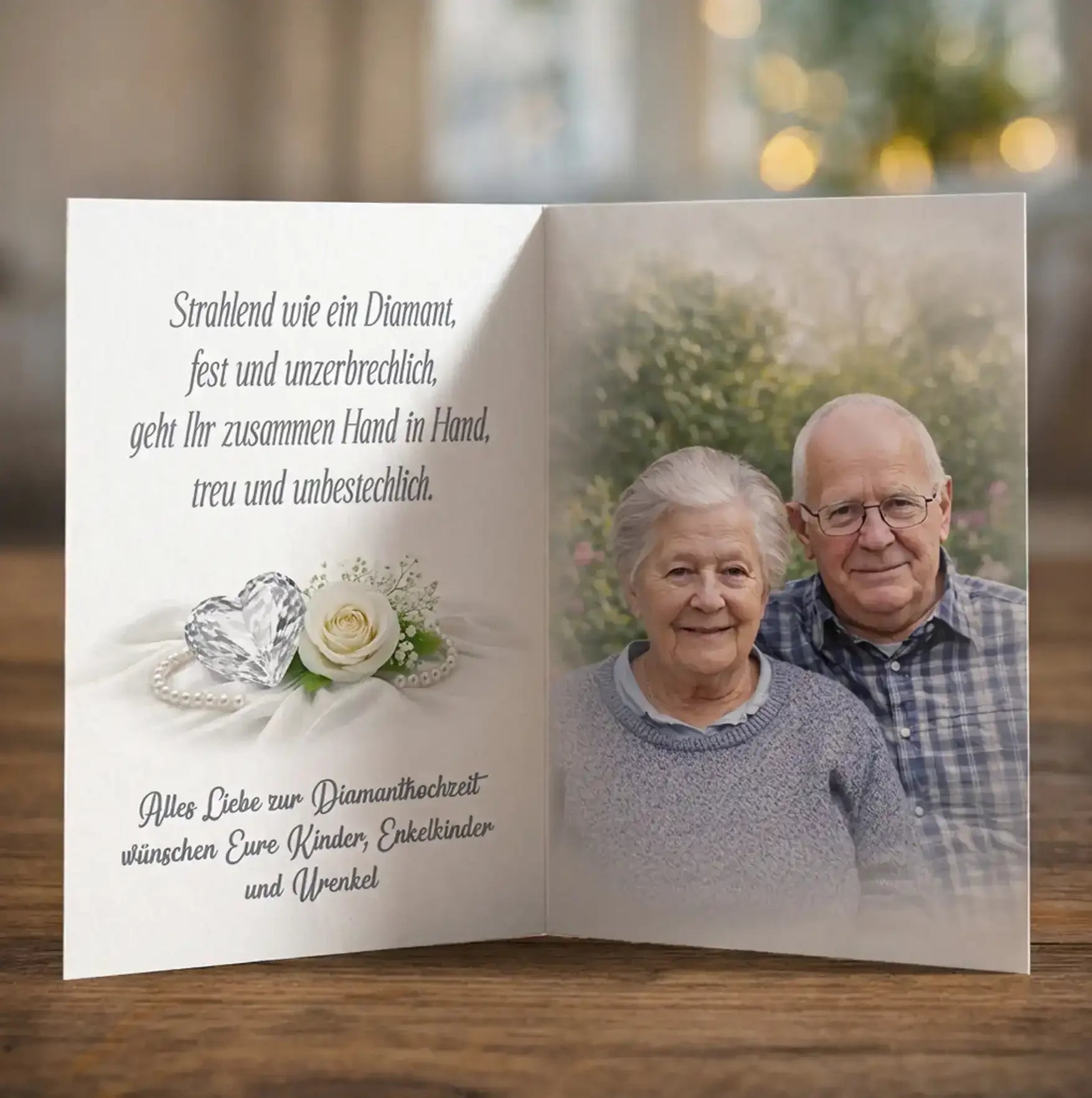 Diamanthochzeit Glückwunschkarte Innenansicht mit Paarfoto, personalisiert mit Namen und Datum als edles Foto-Geschenk zur 60-jährigen Hochzeit.