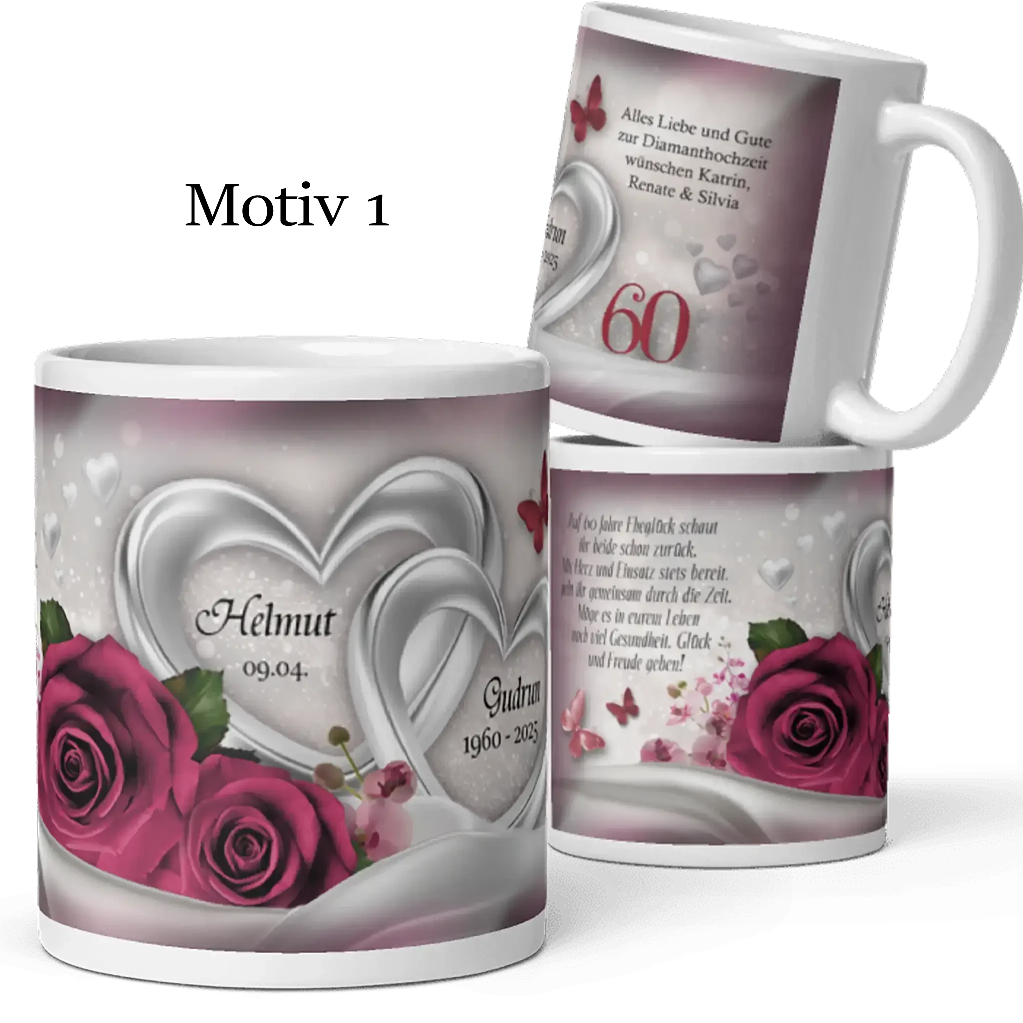 Diamanthochzeit Tasse mit silbernen Herzen, roten Rosen und Schmetterlingen, Motiv 1