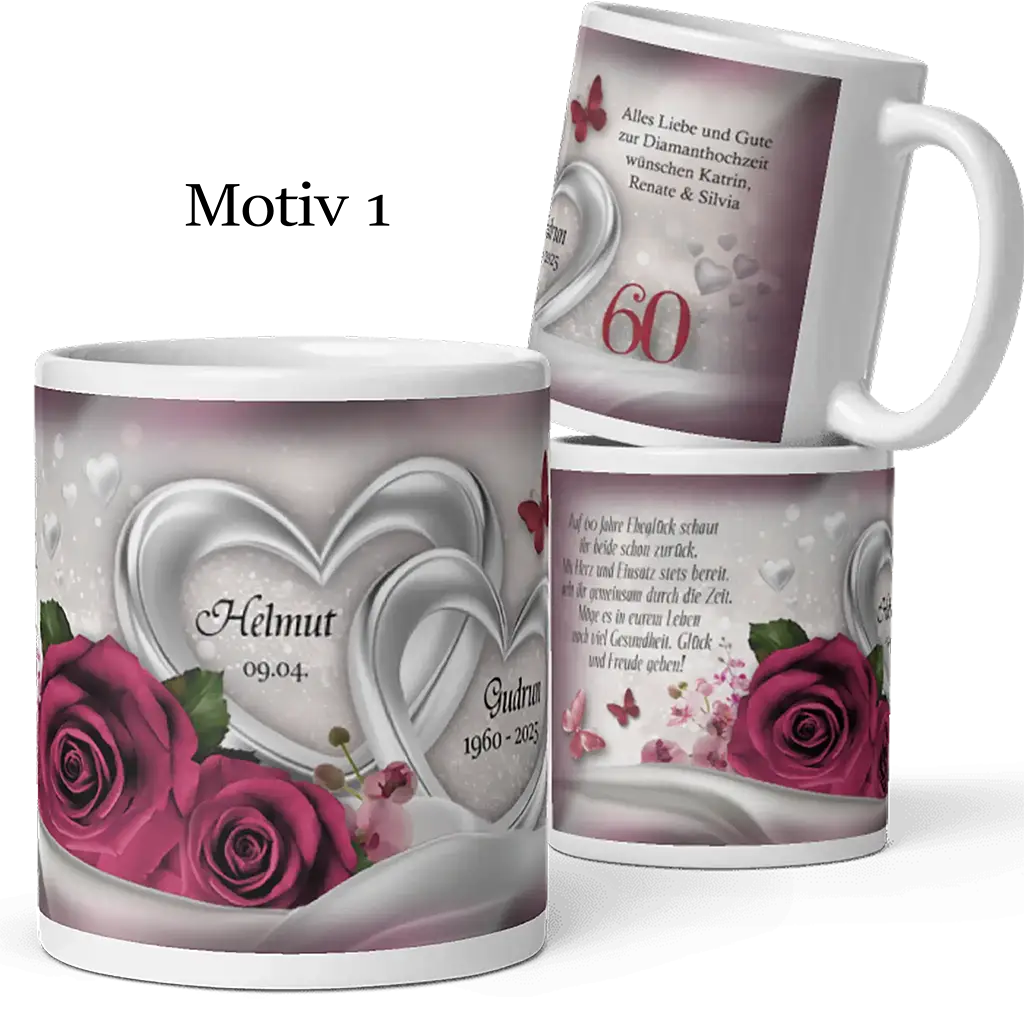 Diamanthochzeit Tasse mit silbernen Herzen, roten Rosen und Schmetterlingen, Motiv 1