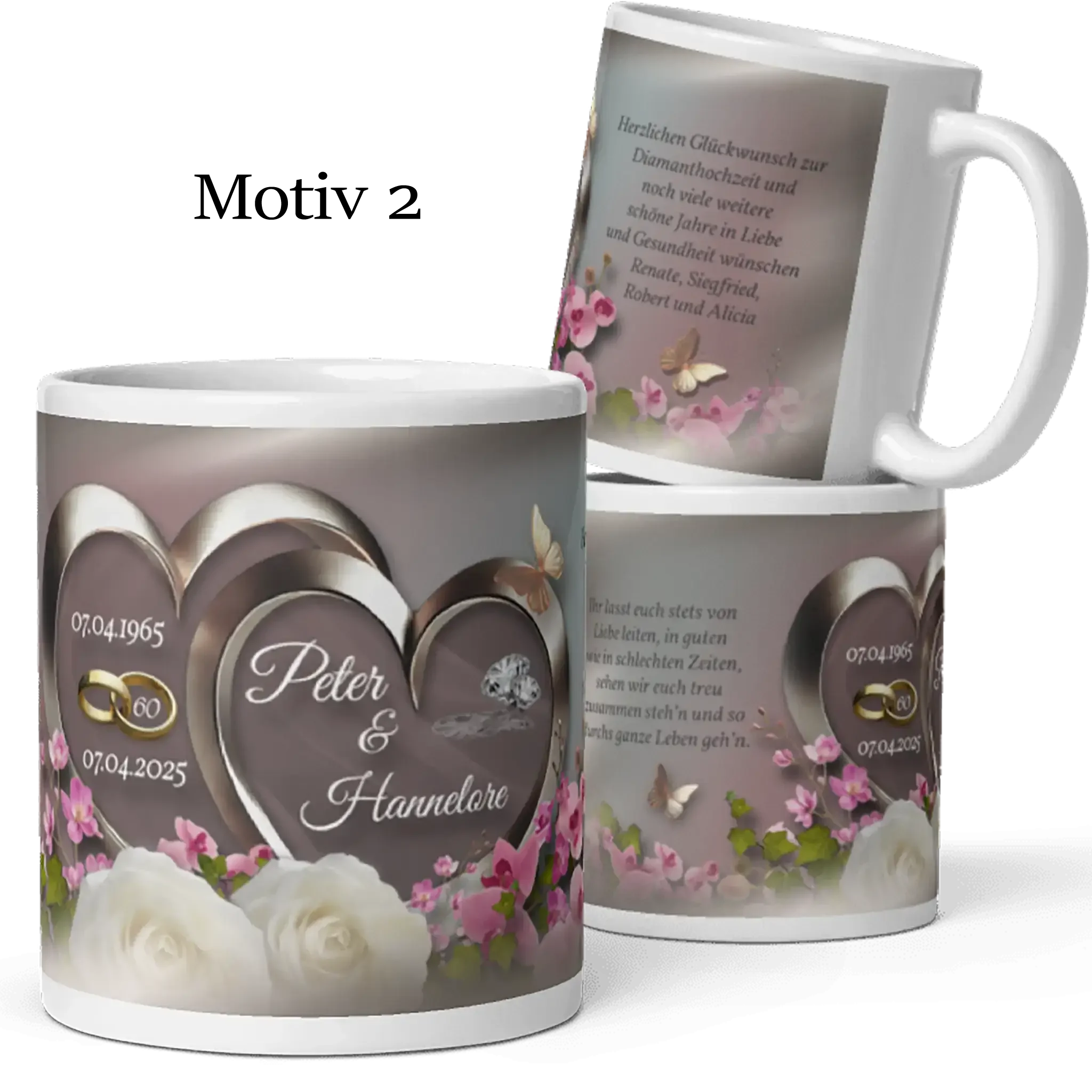 Tasse zur Diamanthochzeit mit silbernen Herzen, Rosen, Schmetterlingen und Jubiläumsdaten.