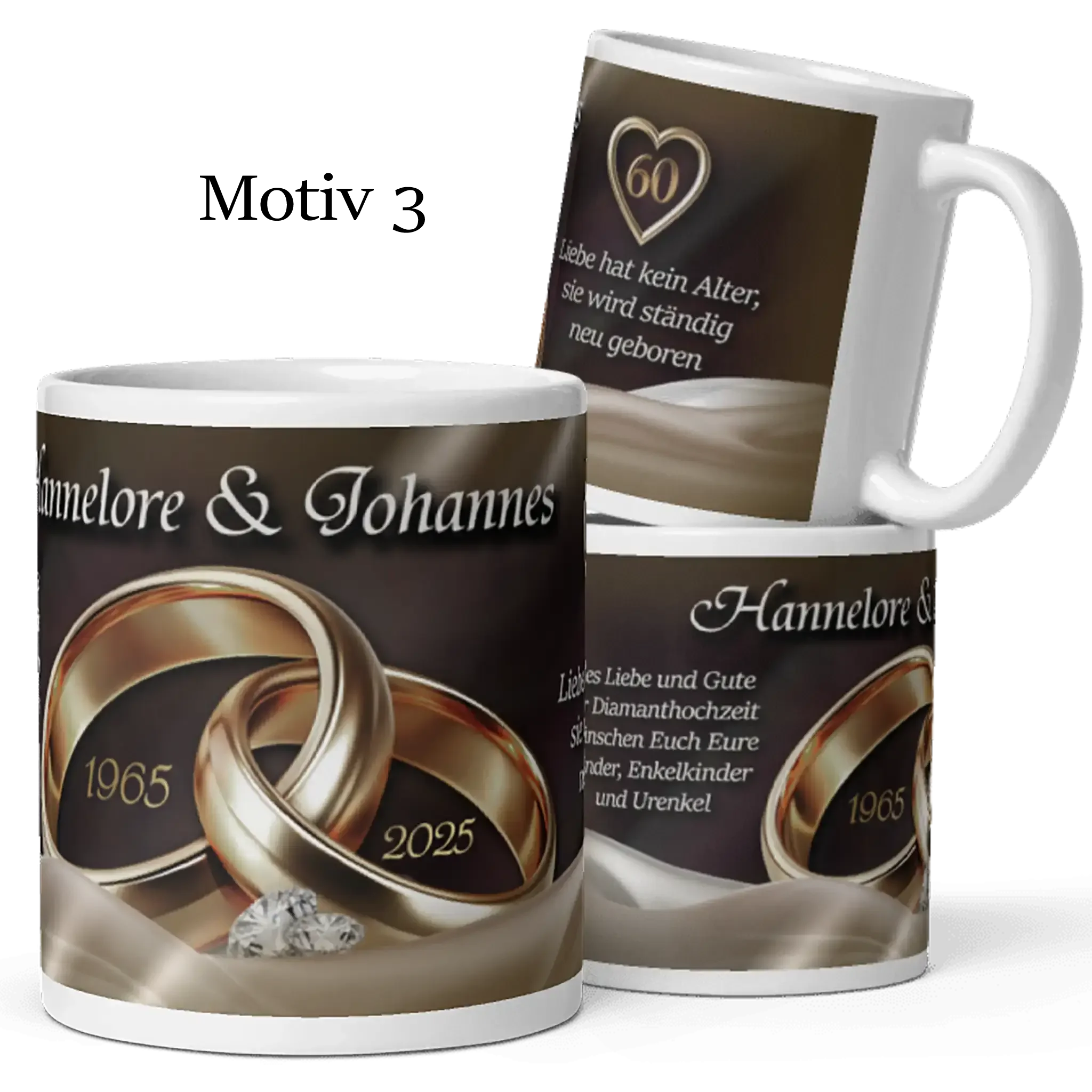 Personalisierte Diamanthochzeit Tasse mit goldenen Ringen, Herz und Jubiläumsdaten 1965-2025.