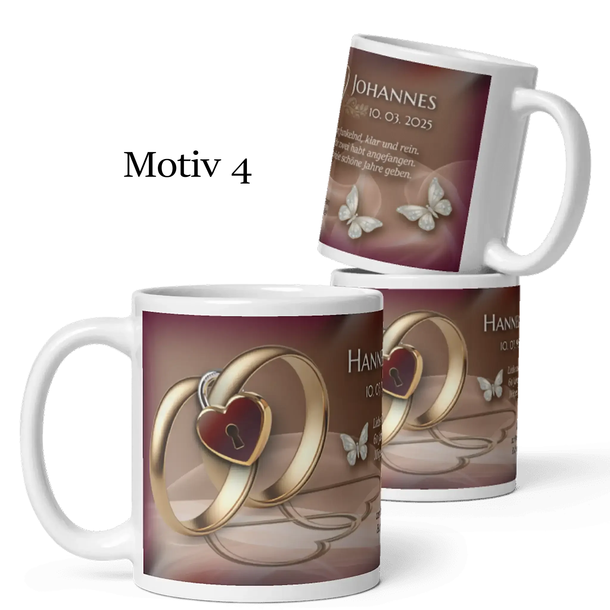 Weiße Tasse zur Diamanthochzeit mit goldenen Ringen, Herzanhänger und Schmetterlingen, Motiv 4