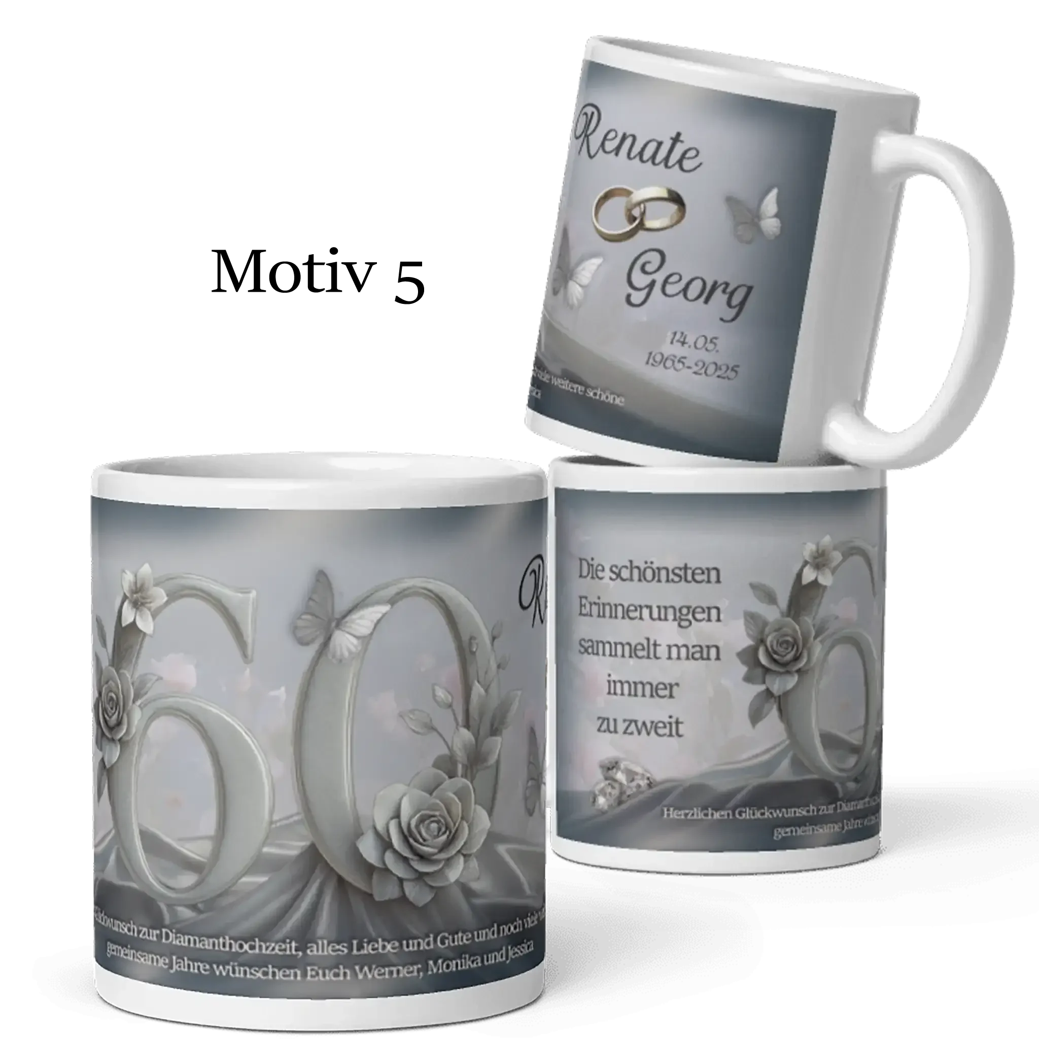 Tasse zur Diamanthochzeit mit silberner 60, Rosen, Schmetterlingen und personalisiertem Text