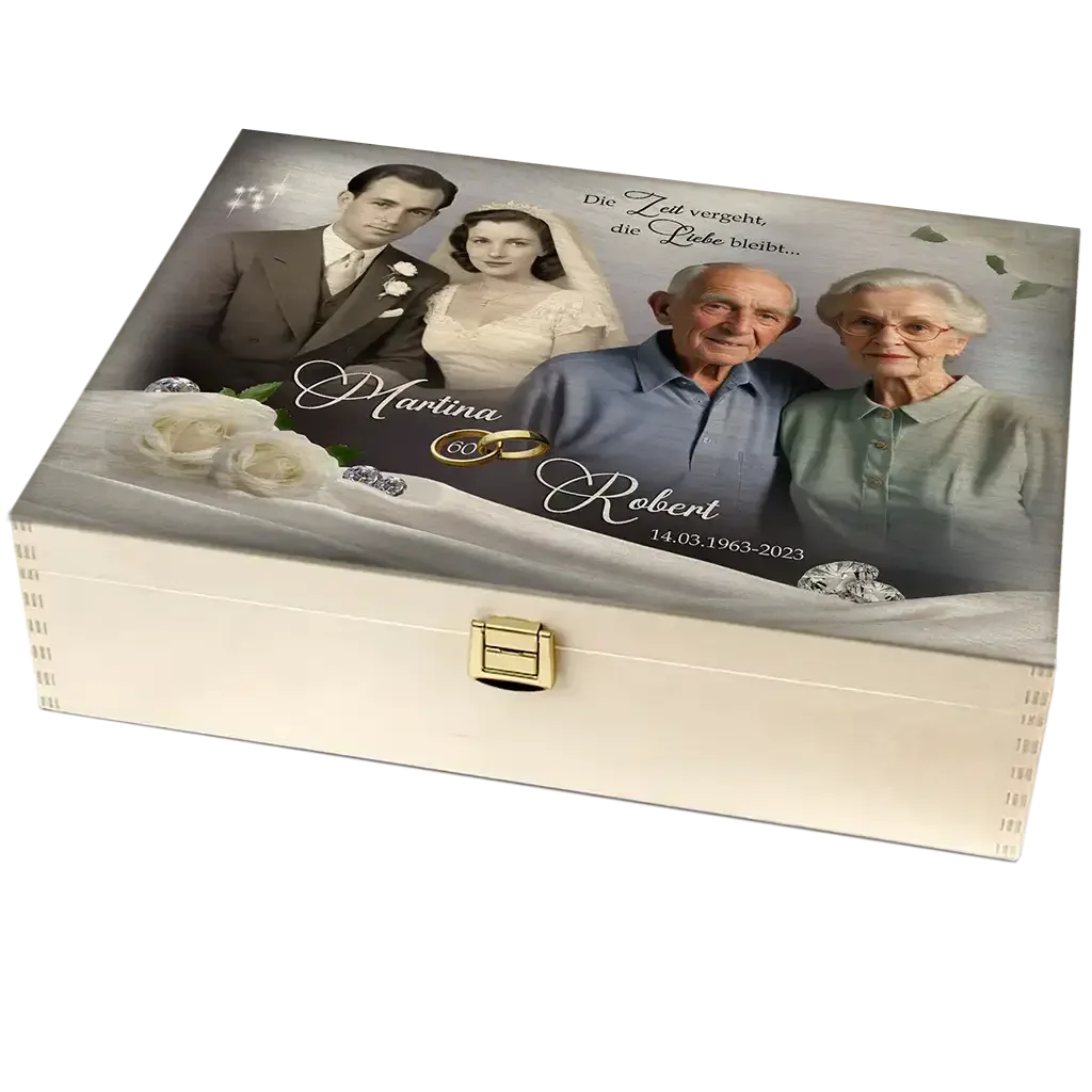 Personalisierte Holzbox mit Fotos zur Diamantenhochzeit, Ehepaar, weiße Rosen, Ringe, Datum