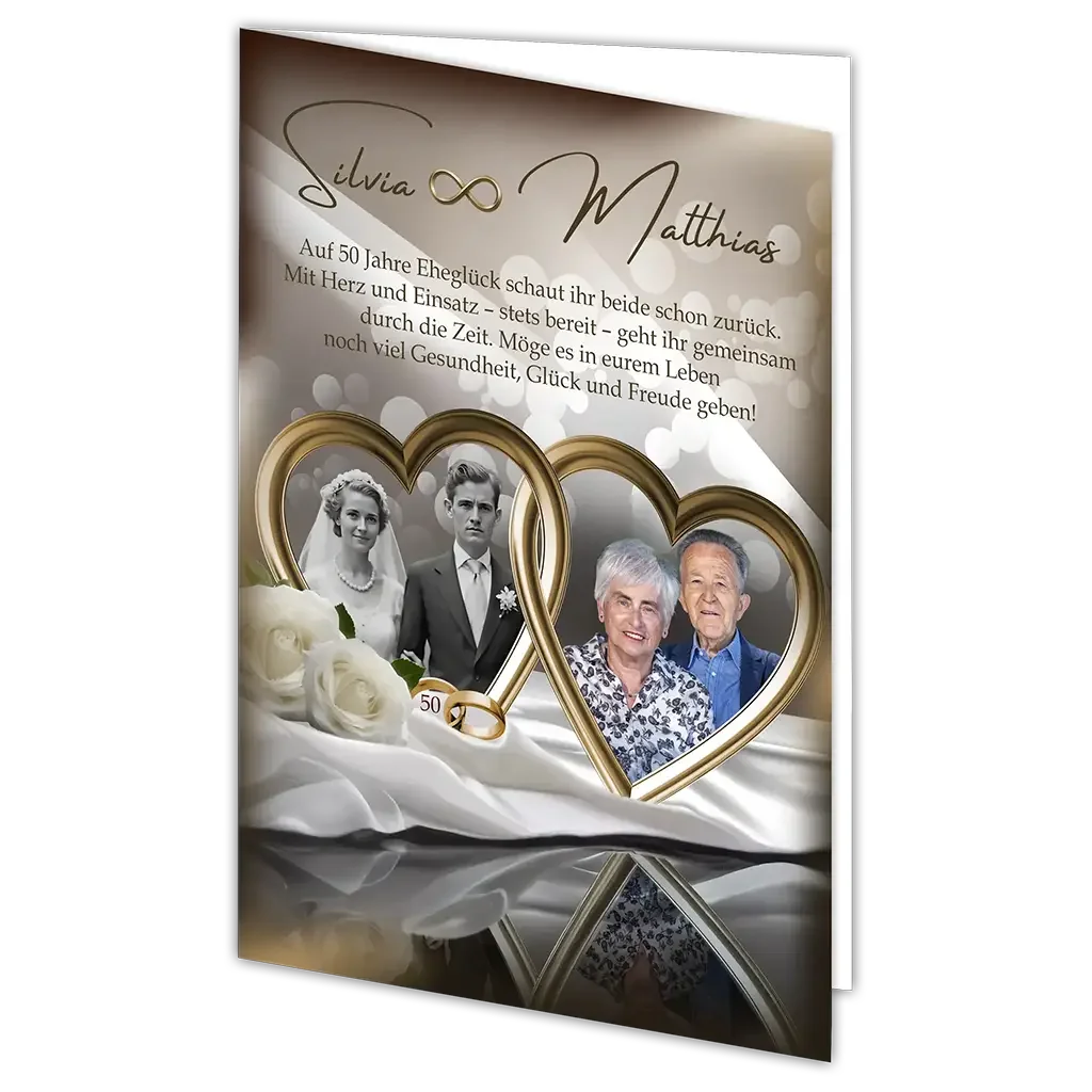 Klappkarte Goldhochzeit mit goldenen Herzen, Fotos des Paares, Rosen und Jubiläumsring