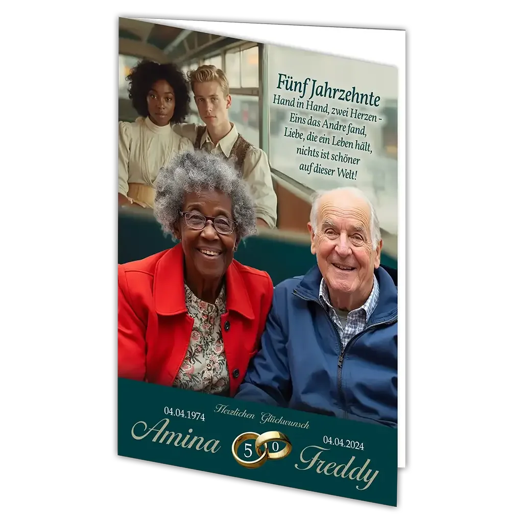 Klappkarte Goldhochzeit mit älterem Paar, goldenen Ringen und Jubiläumsdaten 50 Jahre