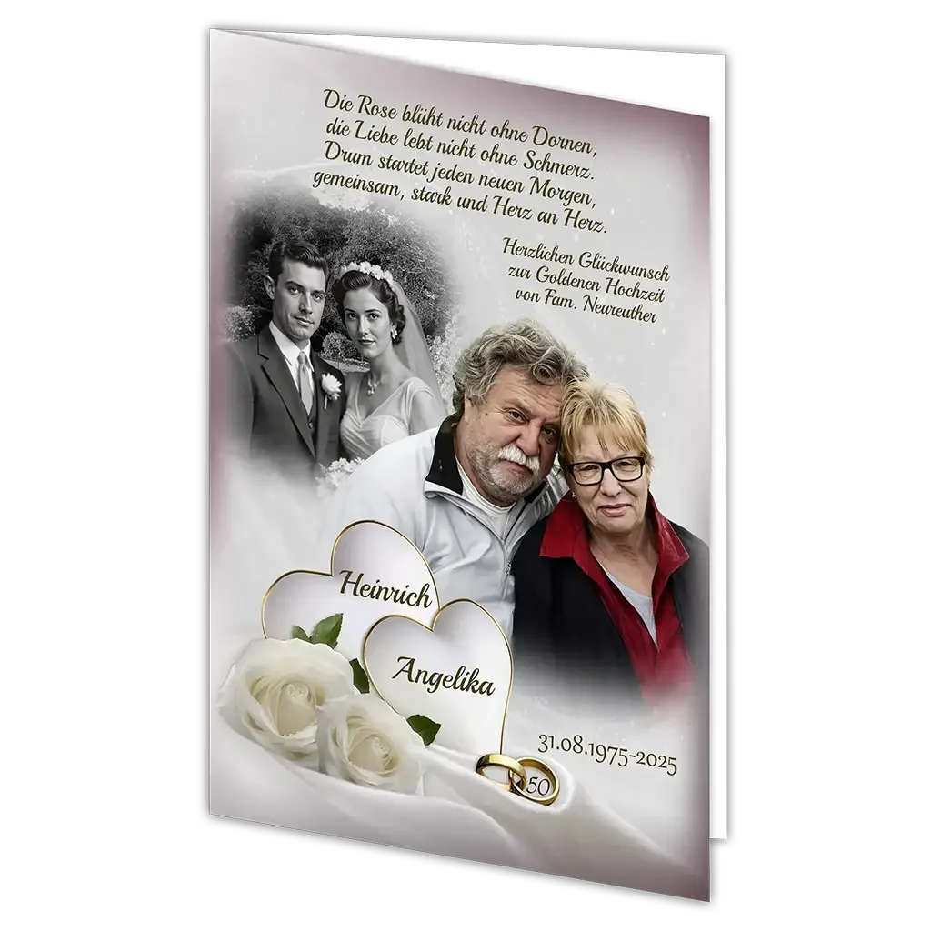 Personalisierte Klappkarte Goldene Hochzeit mit Paar, Hochzeitsfoto, Rosen, goldenen Ringen, Namen Heinrich Angelika