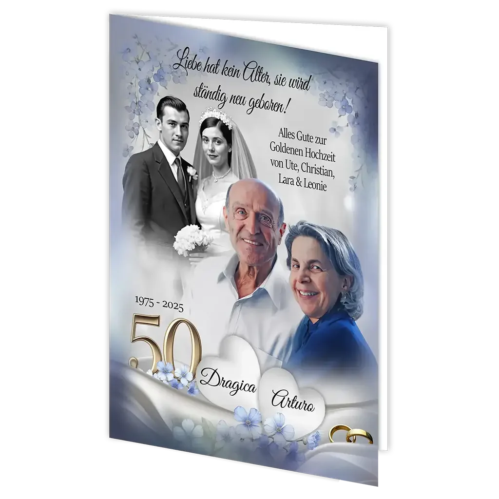Klappkarte Goldene Hochzeit mit älterem Ehepaar, Brautpaar-Foto, goldener 50 und Blumenmotiven