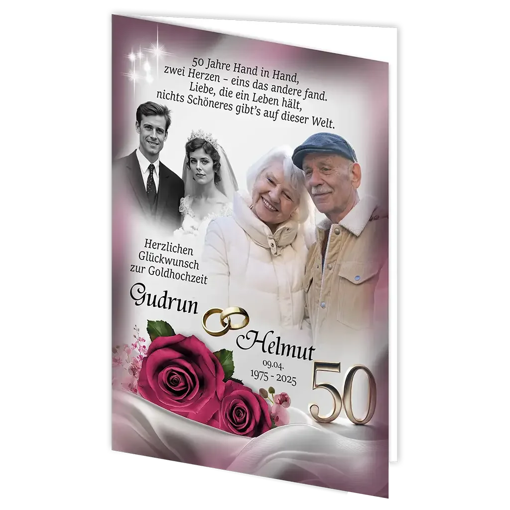 Klappkarte Goldhochzeit mit Paarfotos, goldenen Ringen und Rosen, Schriftzug Gudrun & Helmut, 50 Jahre