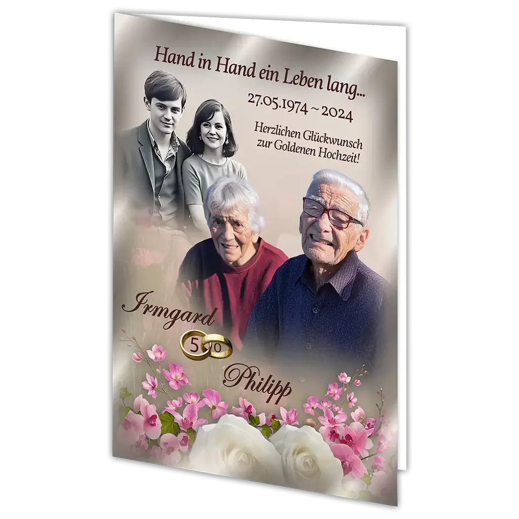 Klappkarte zur Goldhochzeit mit Fotos eines älteren und eines jüngeren Paares, Blumen, Text und goldenen Ringen.