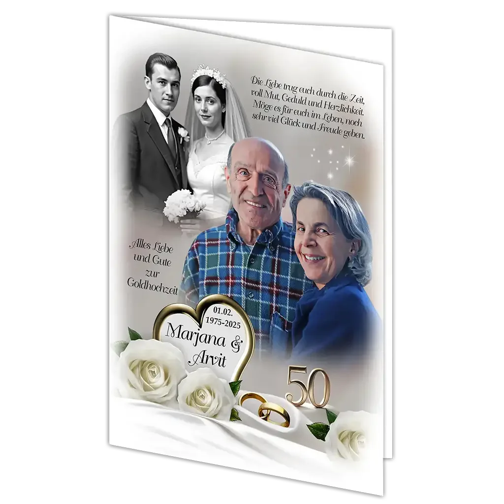 Klappkarte Goldhochzeit mit Paar, Hochzeitsfoto, weißen Rosen, goldenen Ringen und Zahl 50