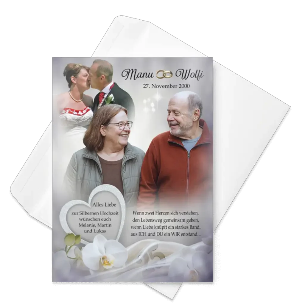 Silberhochzeit Karte mit Foto von älterem Paar, Hochzeitsbild, Herzmotiv und weißen Orchideen