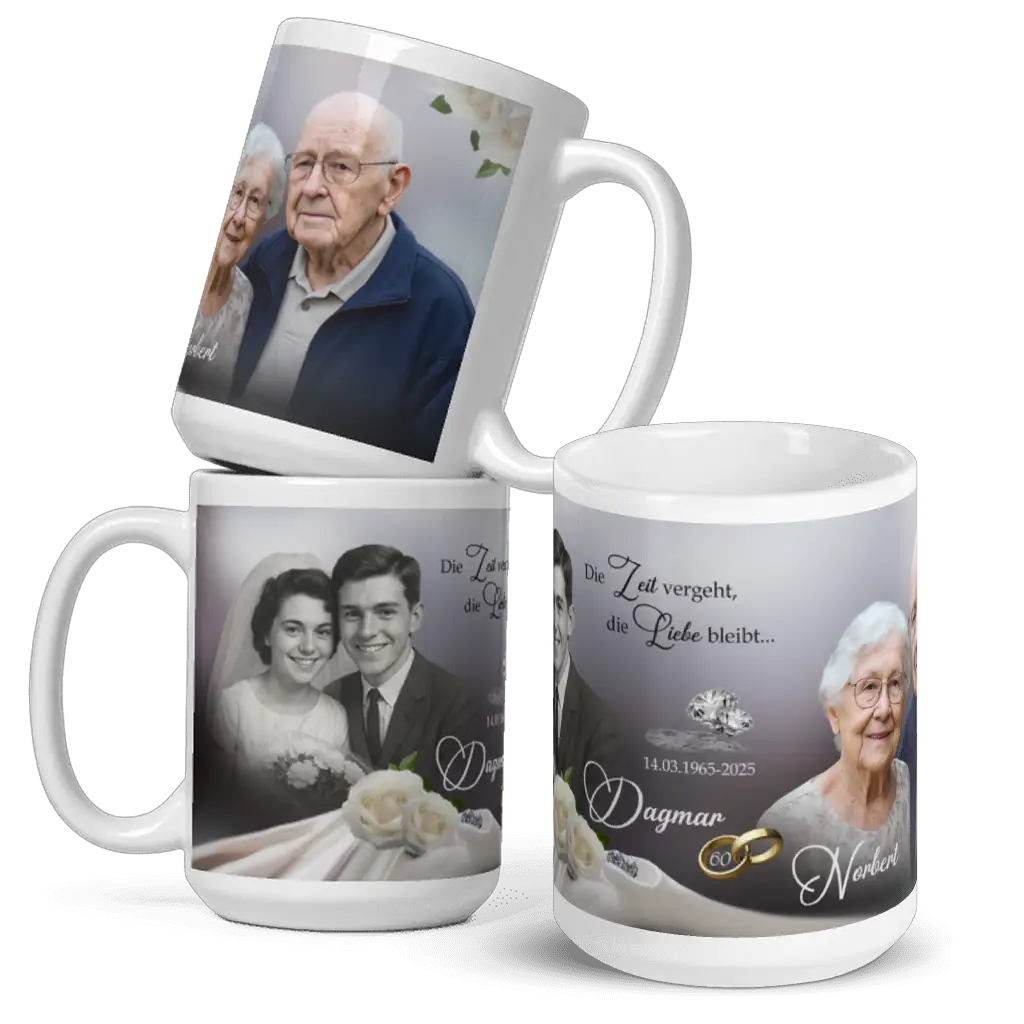 Erinnerungstasse Diamanthochzeit mit Brautpaar und Familienfoto