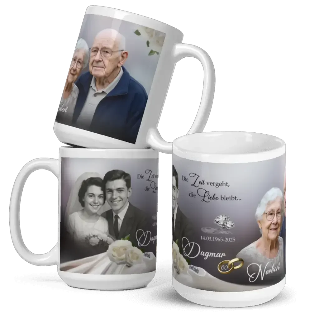 Personalisierte Fototasse zur Diamanthochzeit mit Ehepaar-Porträts, Eheringen und Jubiläumsdatum