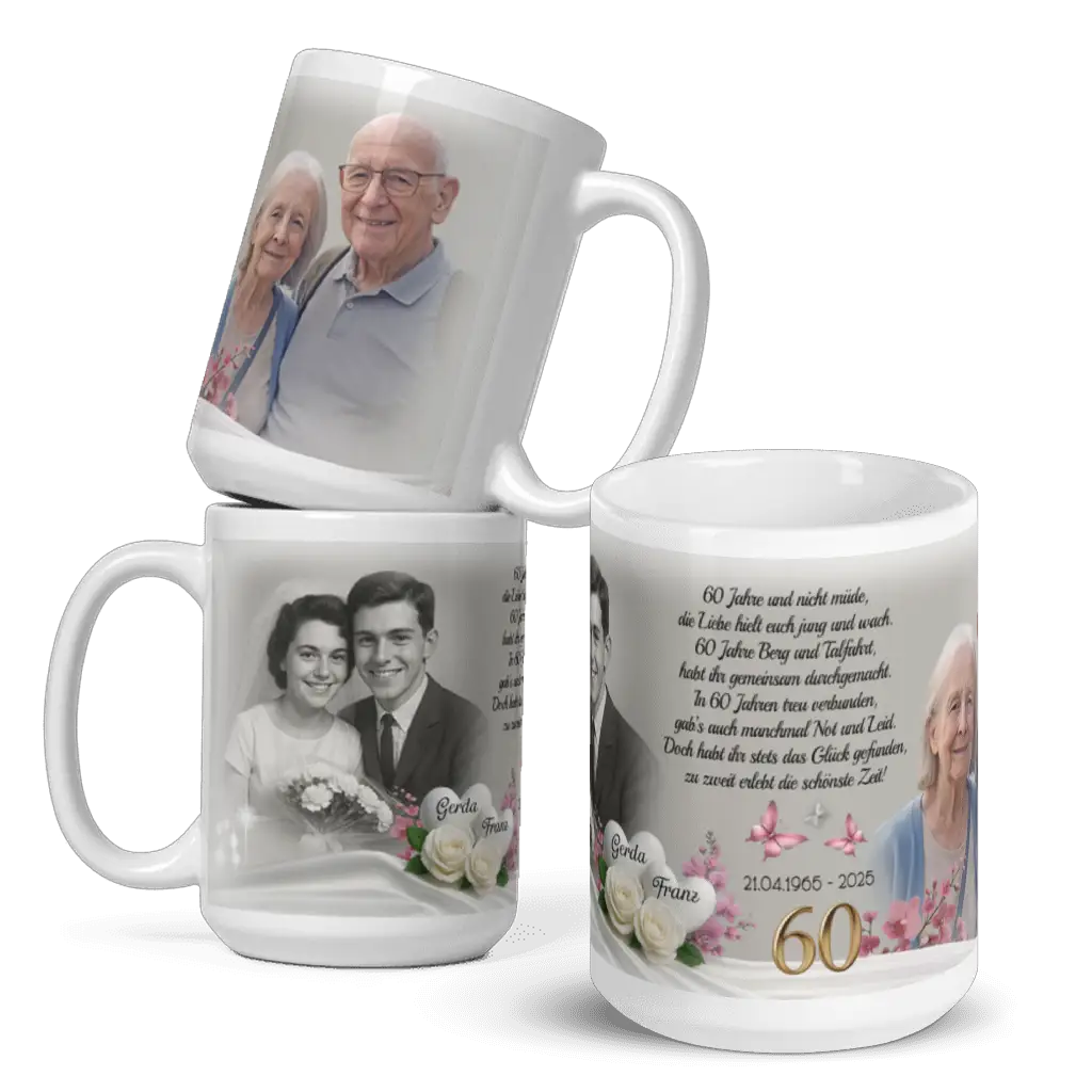 Personalisierte Jubiläumstasse Diamanthochzeit mit Foto und Namen