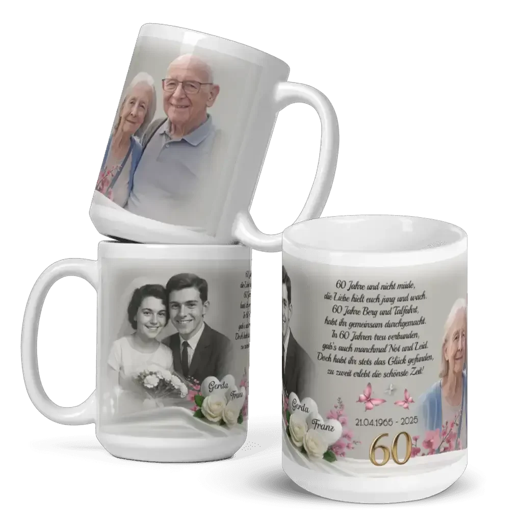 Personalisierte Fototasse zum 60. Hochzeitstag mit Paarfotos, Namen und Jubiläumstext