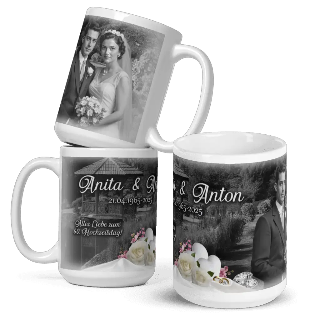 Tasse zur Diamanthochzeit mit romantischem Blumendekor