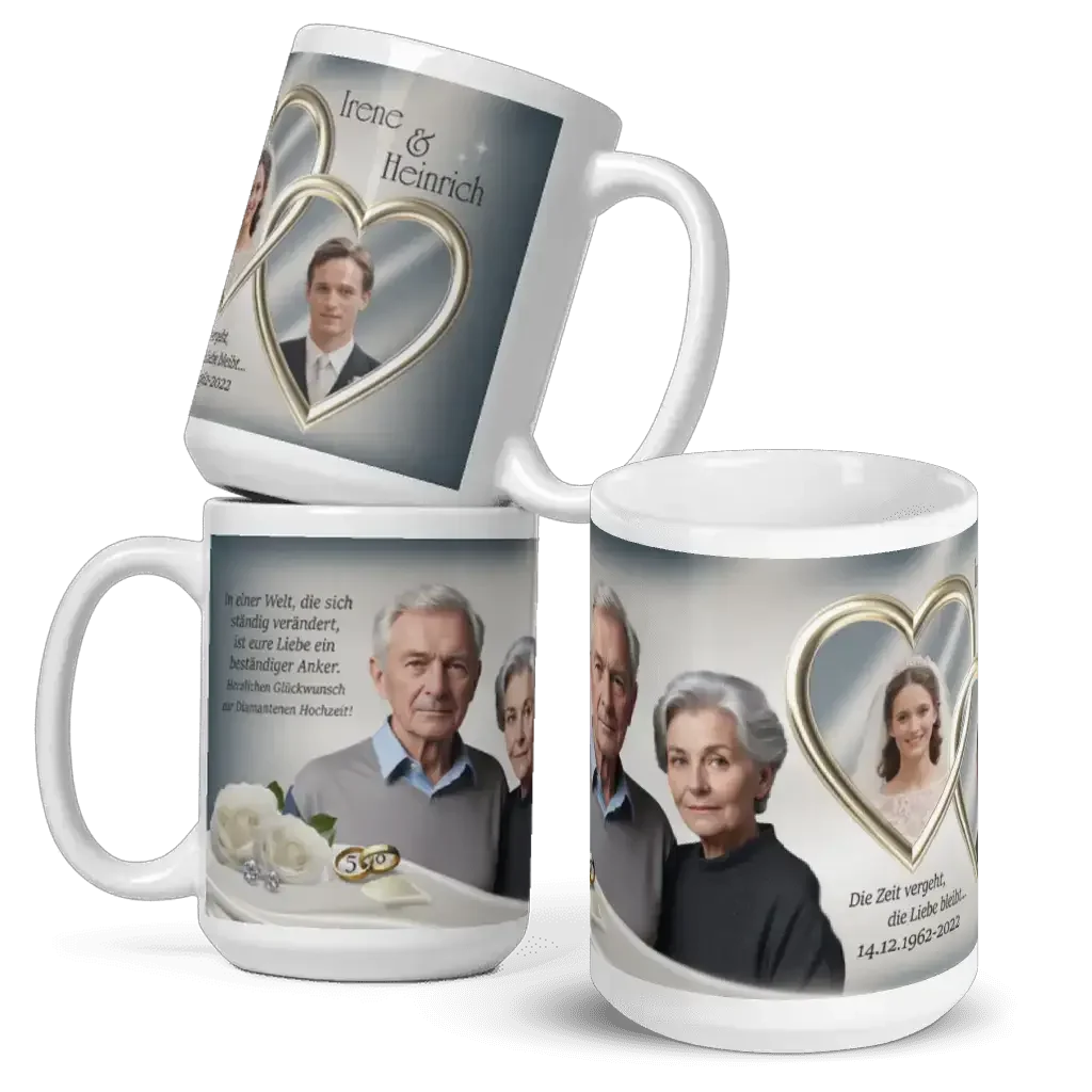 Personalisierte Tassen zur diamantenen Hochzeit mit Fotos, goldenen Herzen und Jubiläumstext