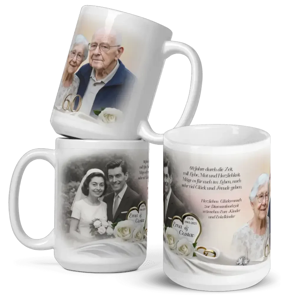 Personalisierte Tassen mit Diamanthochzeit-Motiv, Fotos älteres Ehepaar, goldene 60, Rosen, Hochzeitspaar