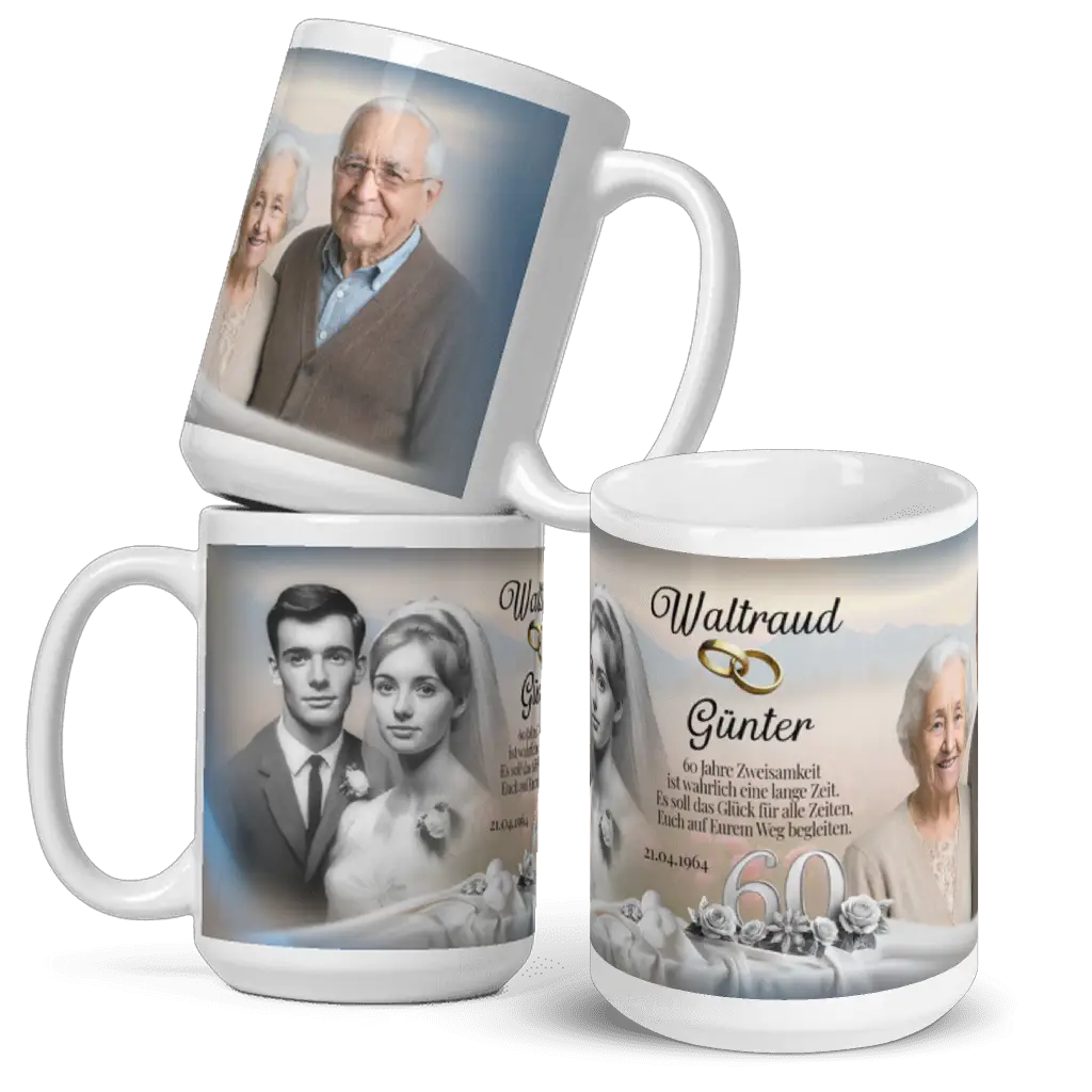 Romantische Tasse zur Diamanthochzeit mit weißem Satin und Blumen