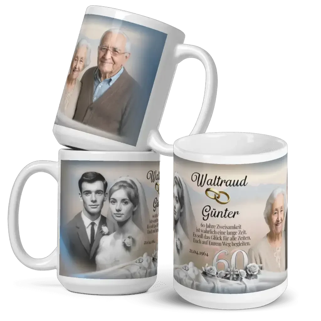 Personalisierte Tasse zur Diamantenen Hochzeit mit Fotos älteres Ehepaar, Brautpaar und Text.