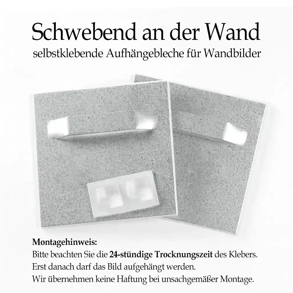 Geschenk: Schwebend an der Wand selbstklebende Aufhängebleche für Wandbilder mit Montagehinweisen
