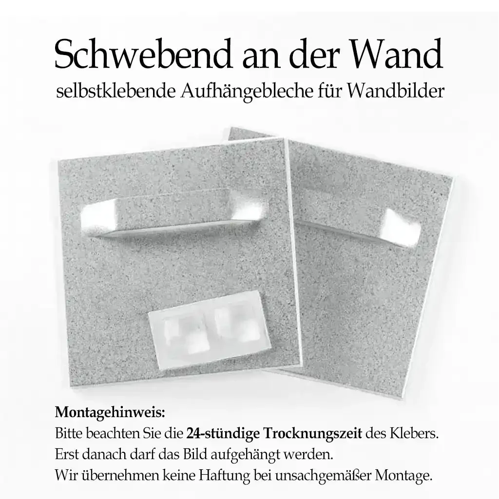 Geschenk: Schwebend an der Wand selbstklebende Aufhängebeleche für Wandbilder zur einfachen Montage von Bildern.