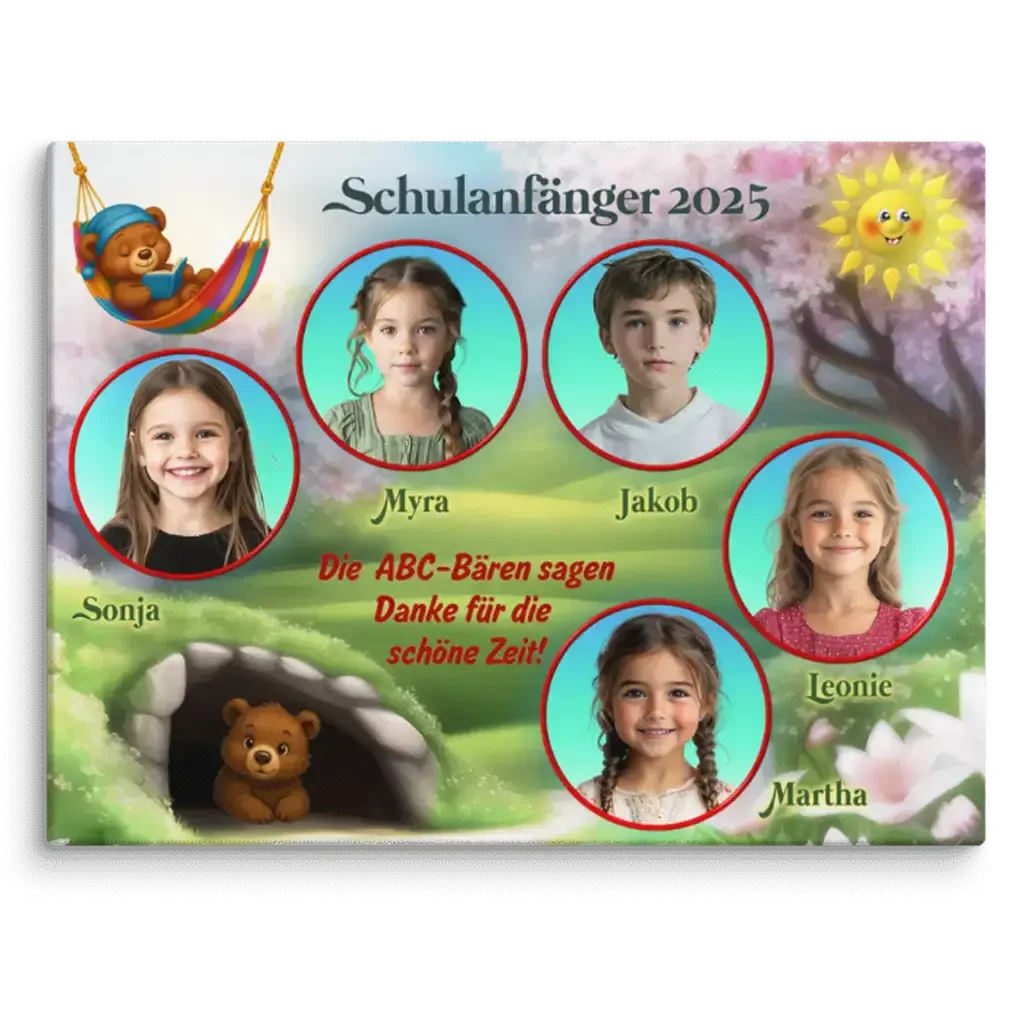 Personalisierte Leinwand Schulanfänger 2025 mit Kinderfotos, ABC-Bär, Wald und Sonne
