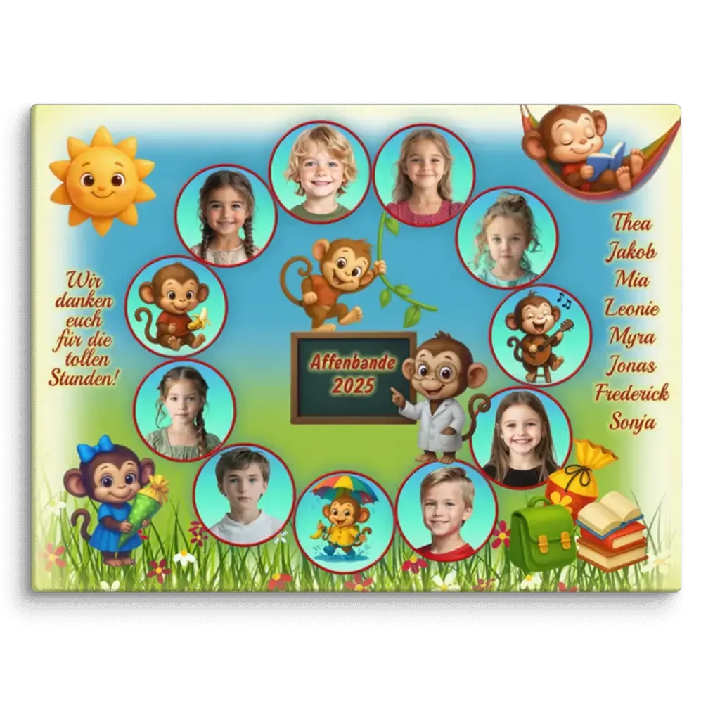 Kinderfoto-Collage mit Affen-Cartoons, Tafel Affenbande 2025, und Namen auf Leinwand