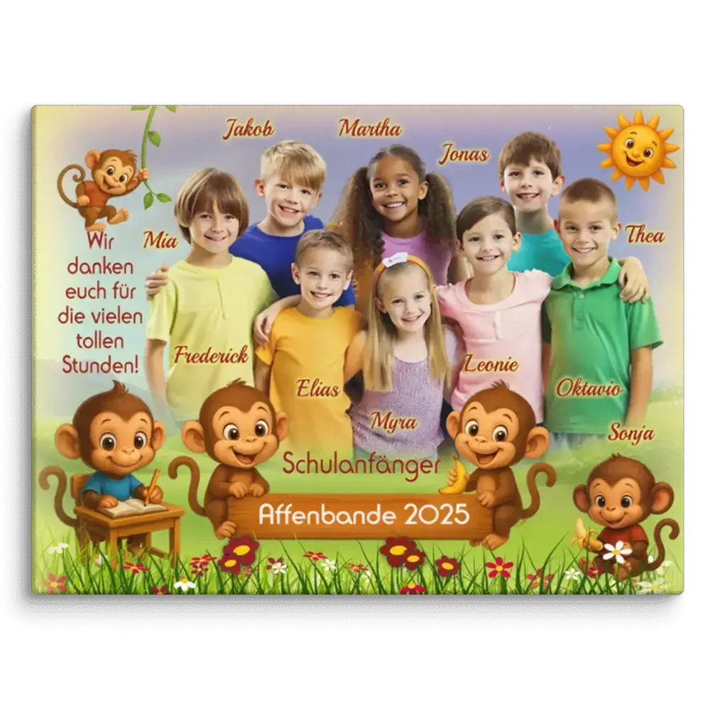 Gruppenfoto Schulanfänger 2025 mit Kindernamen, Comic-Affen und bunter Wiese, Affenbande Motiv.