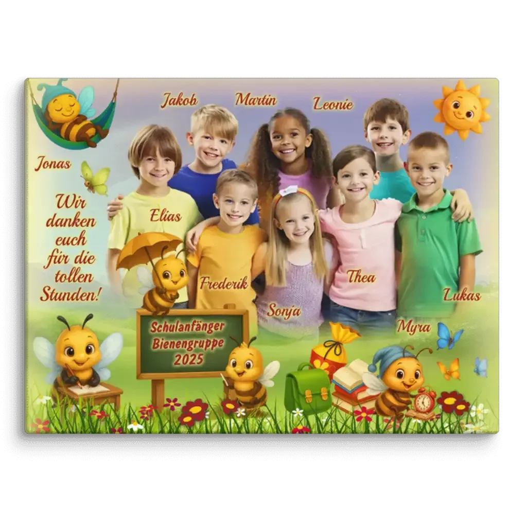 Kinderfoto mit Bienchen-Illustrationen, Text Schulanfaenger Bienengruppe 2025, Namen, Sonne