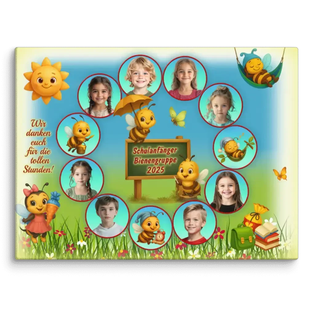 Leinwand mit Fotos von Kindern, Bienenmotiven, Sonne und Text Schulanfänger Bienengruppe 2025