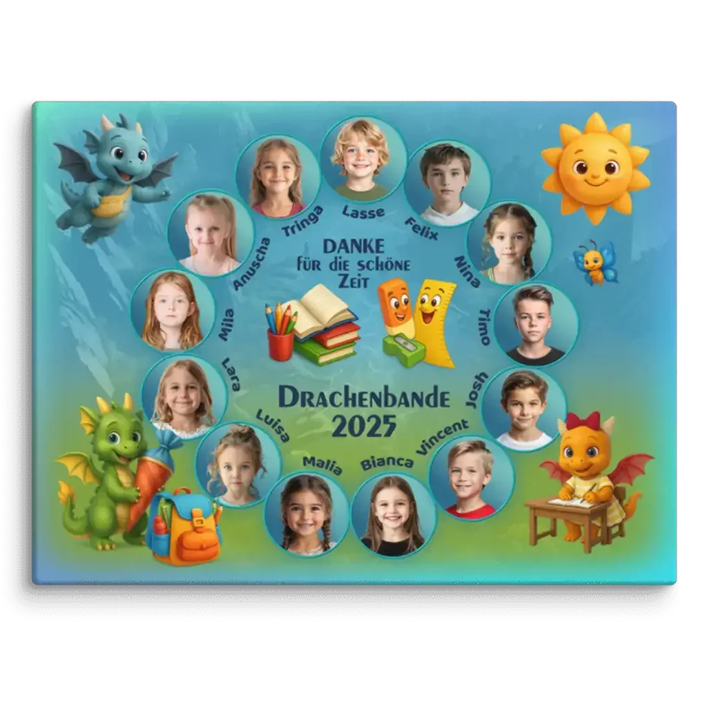 Personalisierte Leinwand Drachenkinder 2025 mit Kinderfotos, Drachen und Schulmotiven auf blauem Hintergrund.