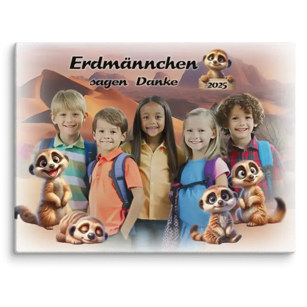 Leinwand mit Kindern, Erdmännchen Zeichentrickfiguren, Schriftzug 'Erdmännchen sagen Danke', Wüstenhintergrund, 2025